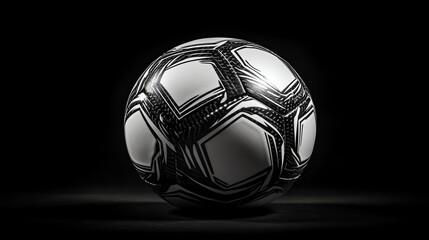 Shiny black and white soccer ball on dark surface.