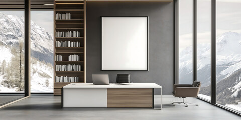 Fototapeta premium Empty poster frame mockup in a bright modern interior with panoramic mountain view, minimalistic design template for artwork, branding, or advertising