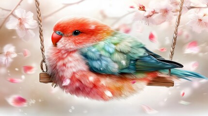 Colorful bird swinging, spring blossoms, peaceful scene, card design