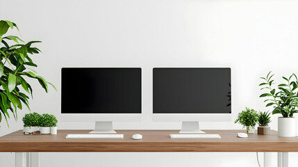 Two Blank Computer Monitors On A Wooden Desk In A Modern Minimalist Home Office With Lush Green Plants And A White Wall Background
