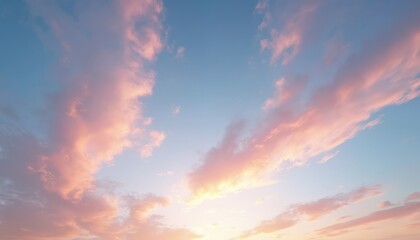 Gradient light pink cirrus clouds against blue sky. Sunset scenery with soft white shine. Romantic dreamy mood backdrop. Fluffy cirrus clouds, panorama scenery, abstract pastel air background.
