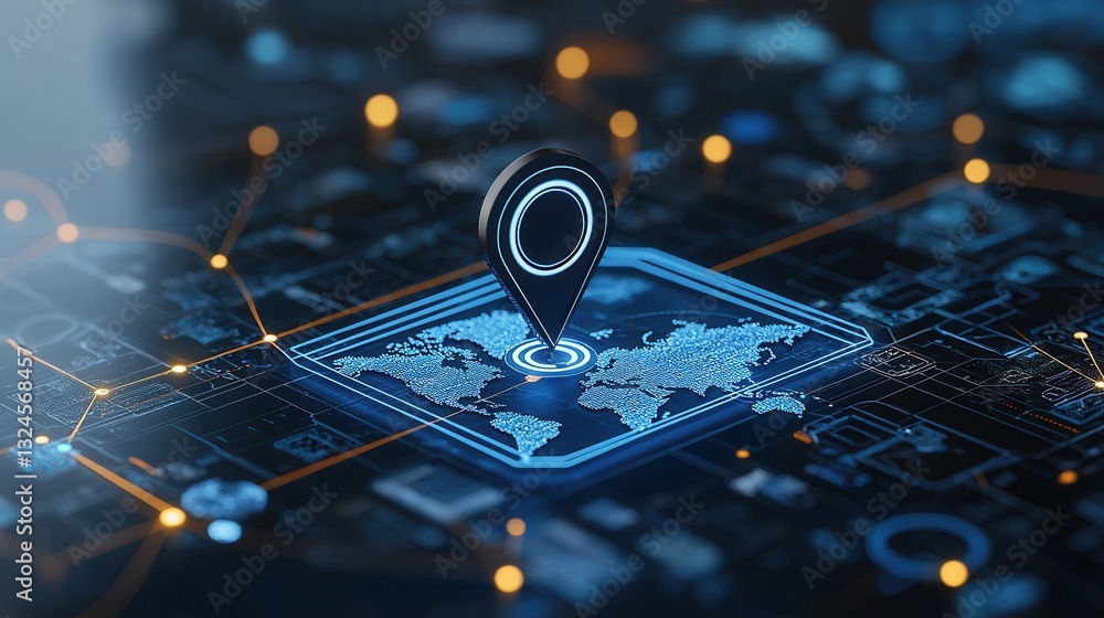 Poster a digital navigation pin shines brightly on a glowing detailed world map representing the global con