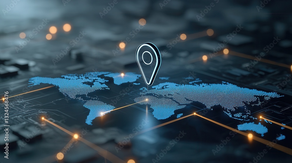 Aufkleber a digital navigation pin glowing brightly on a futuristic illuminated world map representing global 