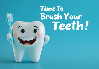 Cute 3D cartoon tooth character holding a toothbrush with "Time to Brush Your Teeth!" message on a bright blue background