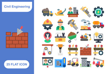 Naklejka premium Civil Engineering Icons Set, Collection of 25 Civil Engineering Icons Set - 25 Vector Icons for Construction, Infrastructure, Architecture & Design