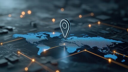 A digital navigation pin glowing brightly on a futuristic illuminated world map representing global connectivity logistics and geospatial intelligence