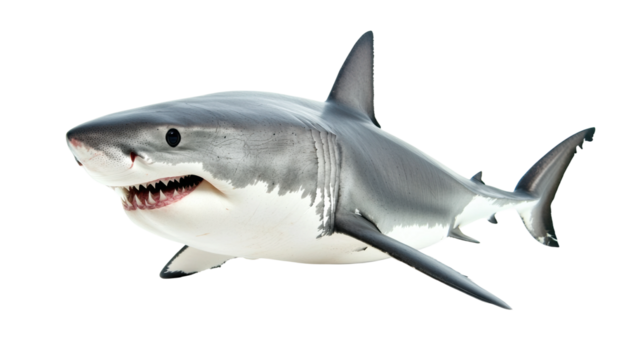 Great white shark swimming vividly, cut out