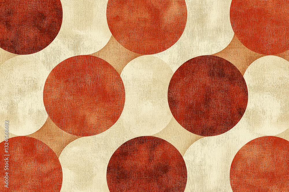 Poster seamless geometric pattern featuring textured red and beige circles with a retro aesthetic. the abst