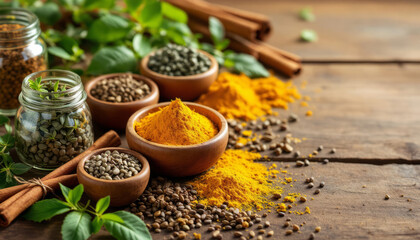 sample.jpegClose-up image of spices and seeds arranged in wooden bowls, garnished with fresh herbs and cinnamon, presented on a rustic wooden surface. Ideal for themes of cooking, flavors, and natural