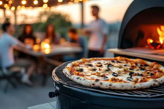 Pizza and Grill: a delicious pizza is cooking on a barbecue grill, a group of people gather for dinner outside.