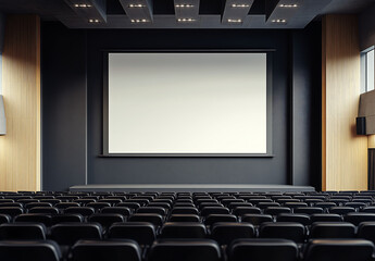 Obraz premium Large empty projector screen in a modern auditorium with black seating and professional lighting for presentations or events