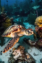 Fototapeta premium Turtle swimming near coral reef