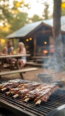BBQ and Cabin Gathering: A mouth-watering rack of ribs sizzles on a grill, smoke rising enticingly against the backdrop of a cozy cabin and friends. The scene evokes warmth, friendship.