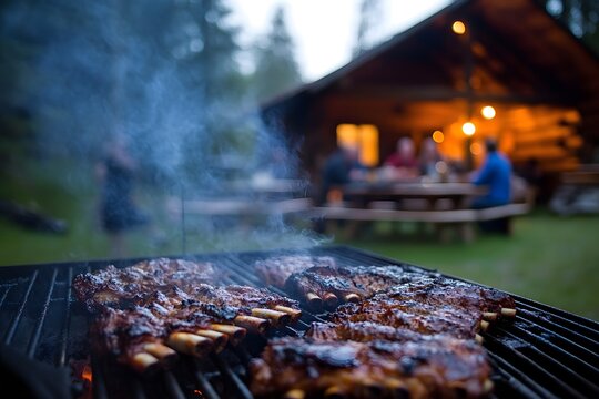 BBQ Bliss: Sizzling ribs on a grill with a blurred cabin and people enjoying a convivial outdoor gathering. A scene evoking delicious anticipation and the warmth of camaraderie