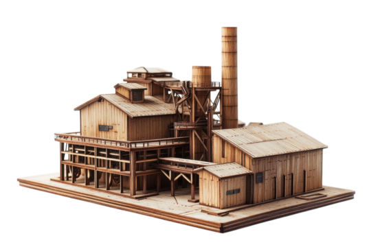 Intricately designed wooden model of a rustic industrial factory showcasing craftsmanship isolated on transparent background