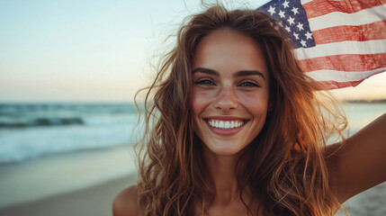 Smiling woman celebrating Independence Day by the ocean.