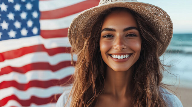 Smiling woman celebrating Independence Day by the ocean.