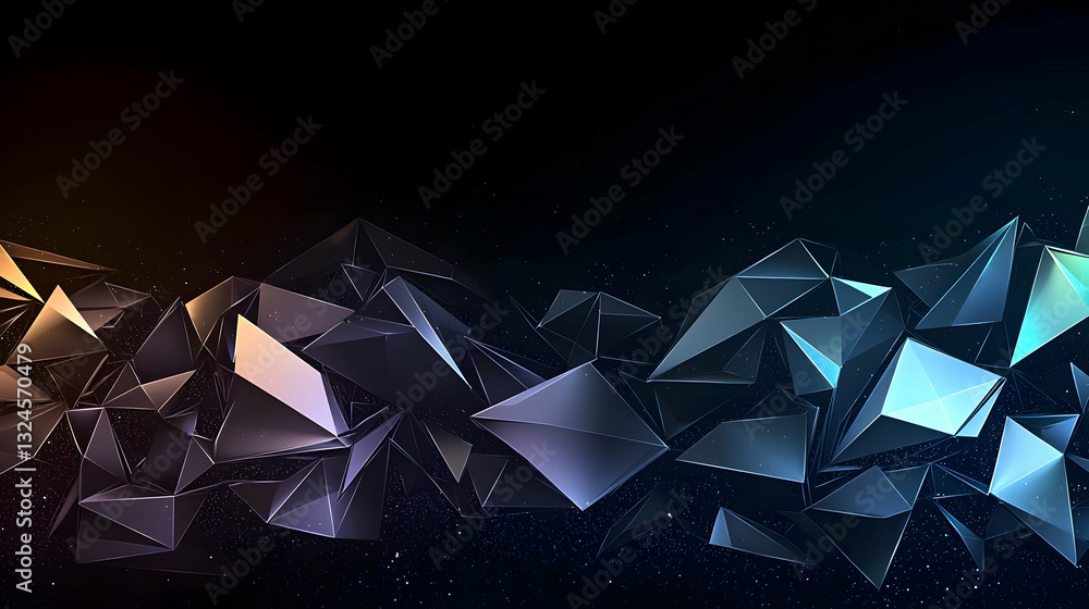 Poster abstract background with 3d triangles and sparkle on dark gradient of futuristic geometric crystal
