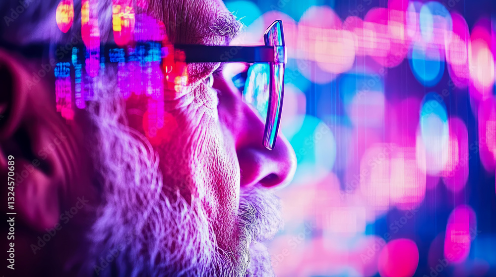Poster conceptual futuristic portrait: the analyst glimpsing into the neon data stream