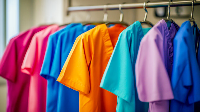 A variety of colorful scrubs neatly hanging on a rack, showcasing vibrant medical uniforms, healthcare attire, hospital clothing, and professional workwear for medical staff - Powered by Adobe