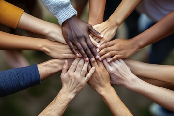 Unity through hands coming together in a collective gesture of support and friendship in a lively outdoor setting