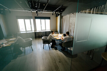 Business meeting or two people working in office