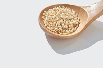 Wooden spoon filled with uncooked brown rice grains on light background.
