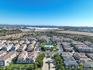 Aerial view of middle class community identical condominium apartment, Oceanside, South California,...