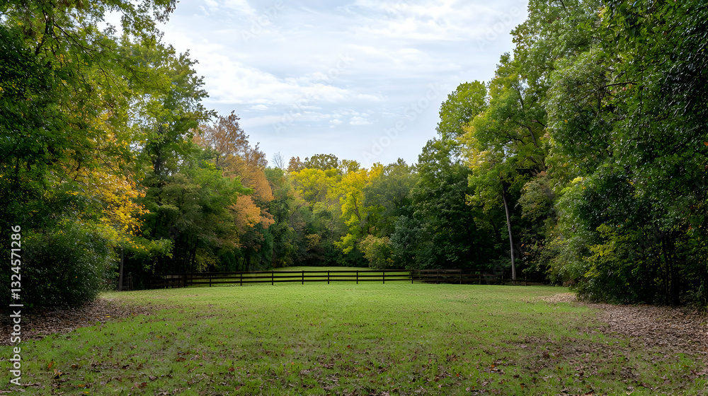Poster green grass field bordered by dense trees under a partly cloudy sky with wooden bench in the distanc