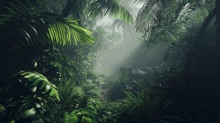 Obraz premium A prehistoric jungle with extinct giant reptiles moving through dense foliage. 