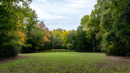 Obraz premium Green Grass Field Bordered By Dense Trees Under A Partly Cloudy Sky With Wooden Bench In The Distance