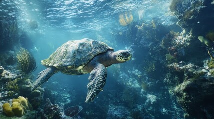 Fototapeta premium A prehistoric sea environment with an extinct species of giant sea turtle.