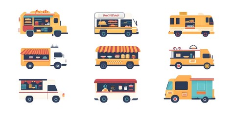 Culinary on Wheels: A vibrant array of food trucks, each showcasing a unique culinary offering and design, promises delicious experiences and diverse gastronomic adventures.