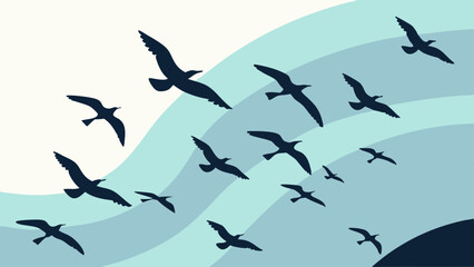 Birds flying over abstract waves in sky evoke freedom and nature harmony for stock illustration.