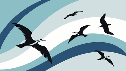 Fototapeta premium Birds flying over abstract waves in sky evoke freedom and nature harmony for stock illustration.