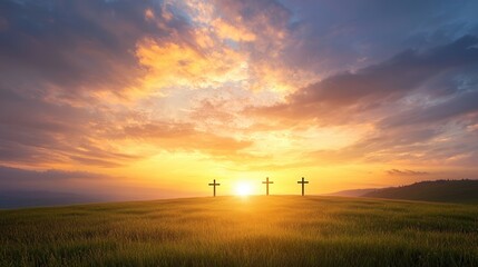 Fototapeta premium Silhouetted Christian crosses standing tall against a breathtaking sunset sky casting a peaceful and ethereal atmosphere
