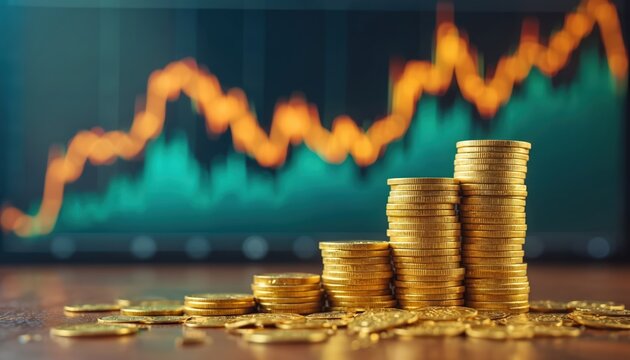 Stacks of golden coins placed before financial chart illustrate investment opportunities, economic growth. Coin piles symbolize dividend income, passive profit, wealthy banking, personal finance,