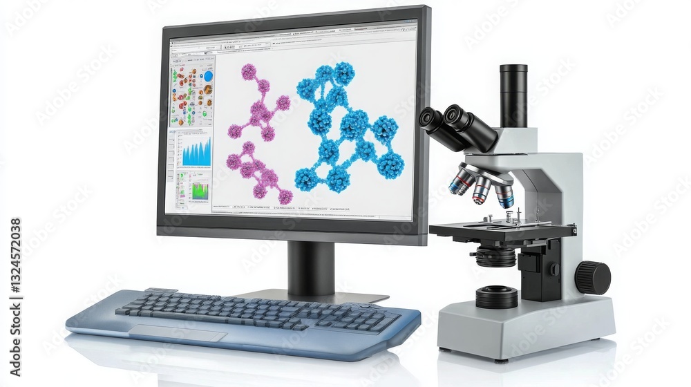Poster A computer displays complex molecular structures alongside an advanced microscope, highlighting the integration of digital tools in biological research.