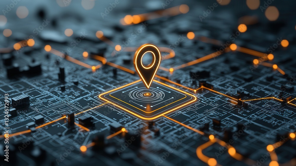 Poster a futuristic digital map with a glowing location pin representing the interconnected nature of techn