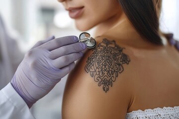 a doctor using a stethoscope to check a tattoo on a woman's shoulder.
