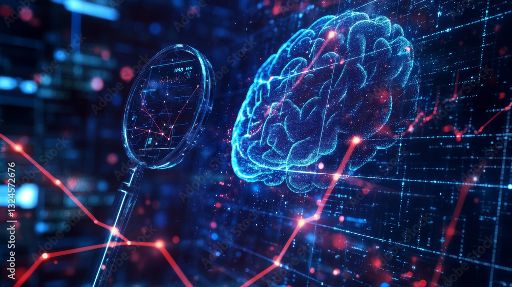 Poster arrow up and magnifying glass on computer monitor screen. digital vector low poly wireframe. brain r