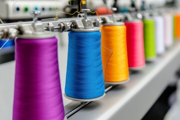 Colorful spools of thread arranged in a row on a sewing machine