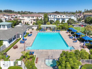 Aerial view of middle class community identical condominium apartment, Oceanside, South California, USA.