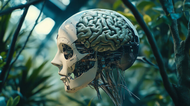 AI or artificial intelligence with the computer brain as a neural network. Programming and Deep machine learning of neural network. Robot Head with cybernetically mind. Abstract Interface elements.