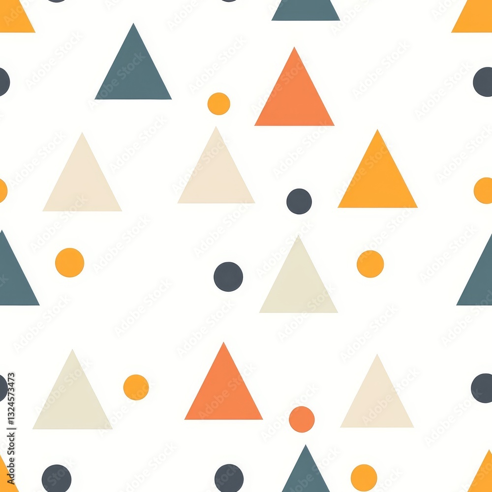 Poster minimalist geometric pattern with triangles and circles in soft pastel and bold colors on a white ba