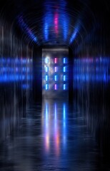 Obraz premium Futuristic digital tunnel with glowing lights. 