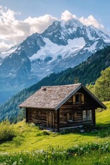 Fototapeta premium Small cabin in open field with mountain
