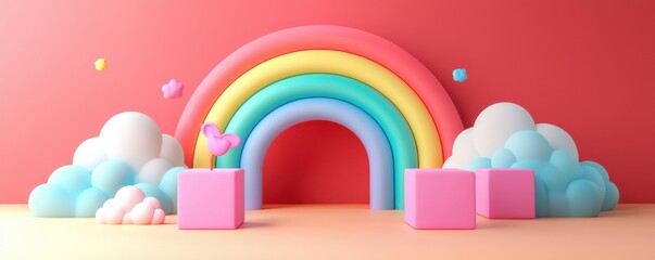 Colorful cartoon rainbow scenery with clouds and playful shapes