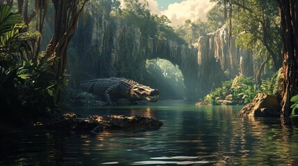 Fototapeta premium A scene of an extinct giant crocodile swimming through ancient riverways. 