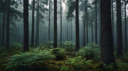 Obraz premium Misty Forest Ancient Trees Ferns Moss Green Nature